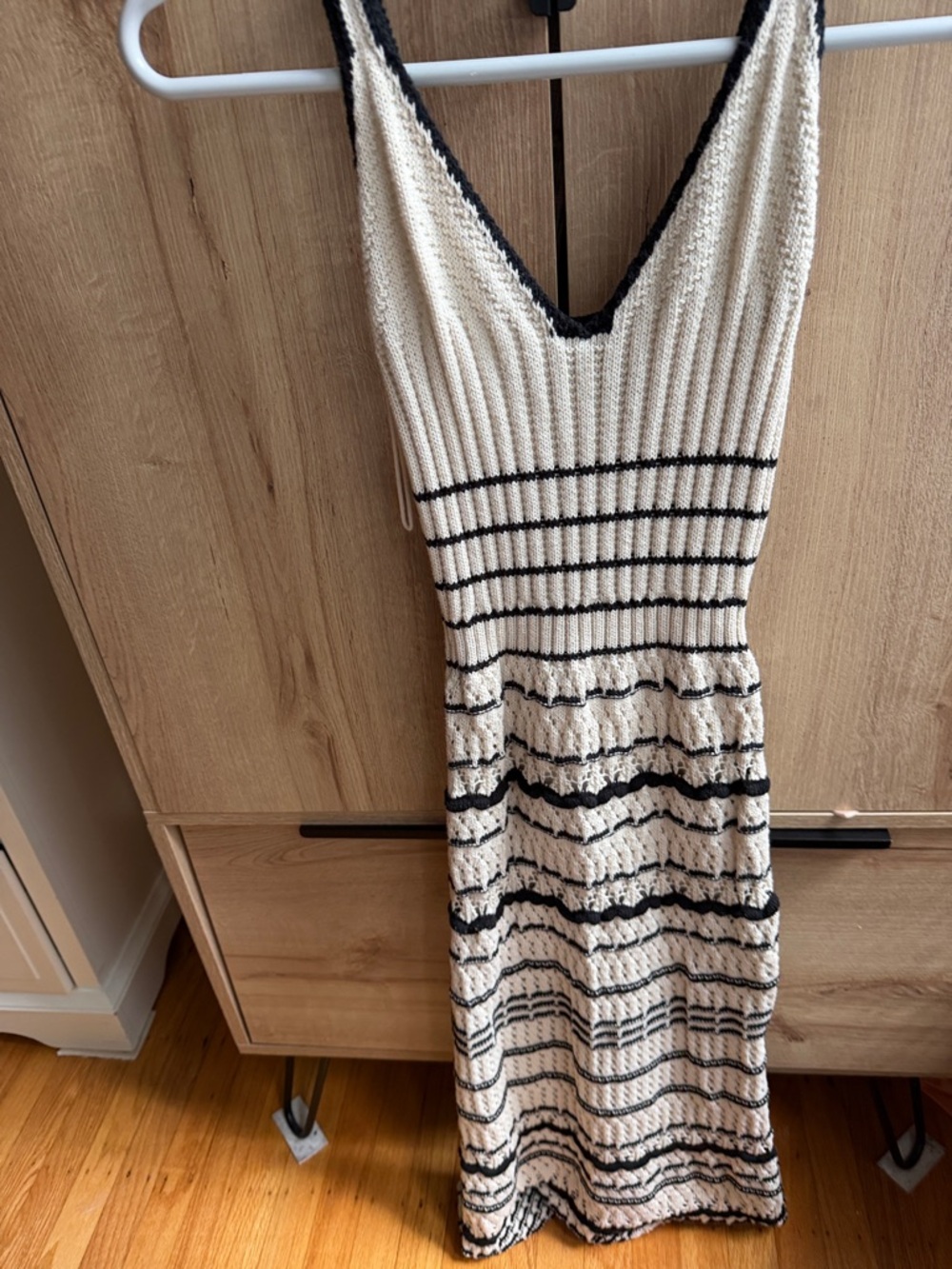 Vero Moda Cream and Black Striped Ribbed V-Neck Maxi Dress